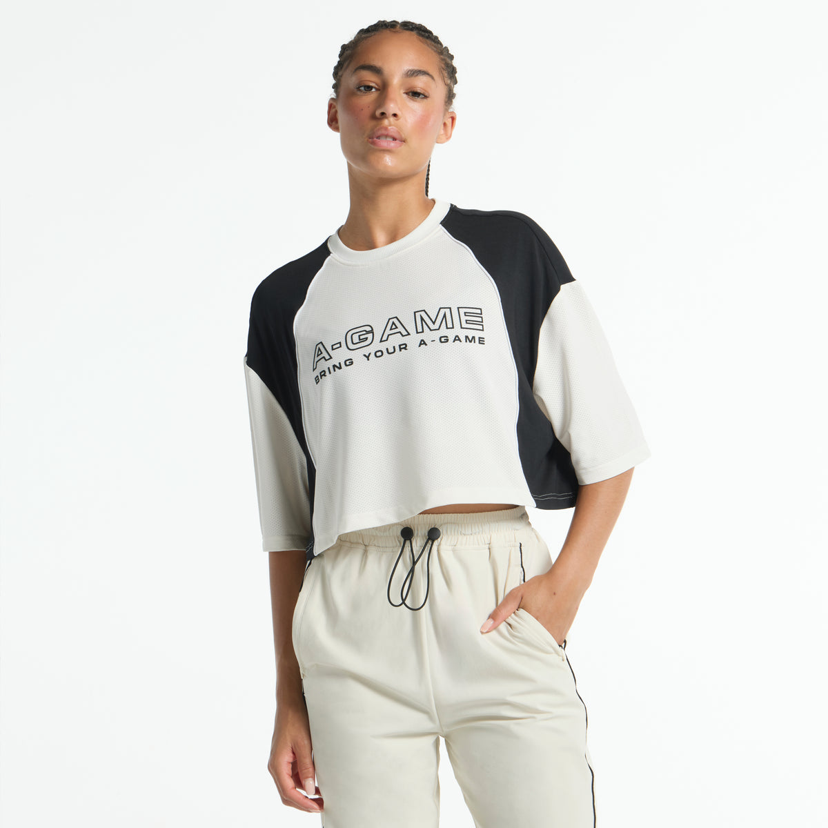 Women's Cropped Mesh Panel T-Shirt - Ecru