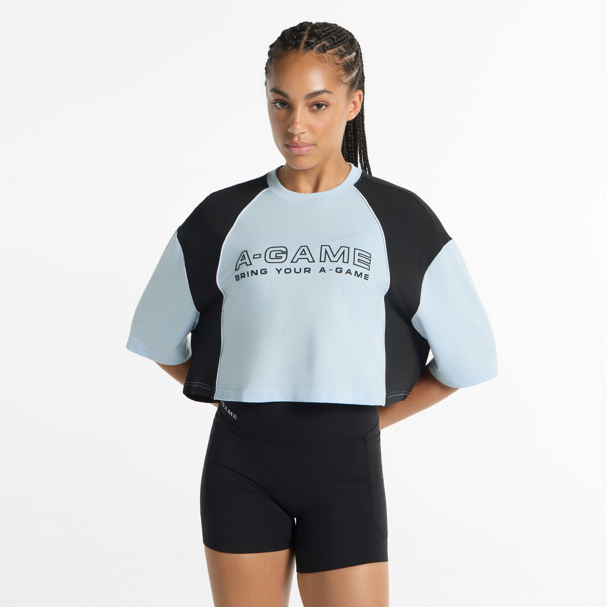 Women's Cropped Mesh Panel T-Shirt - Pale Blue