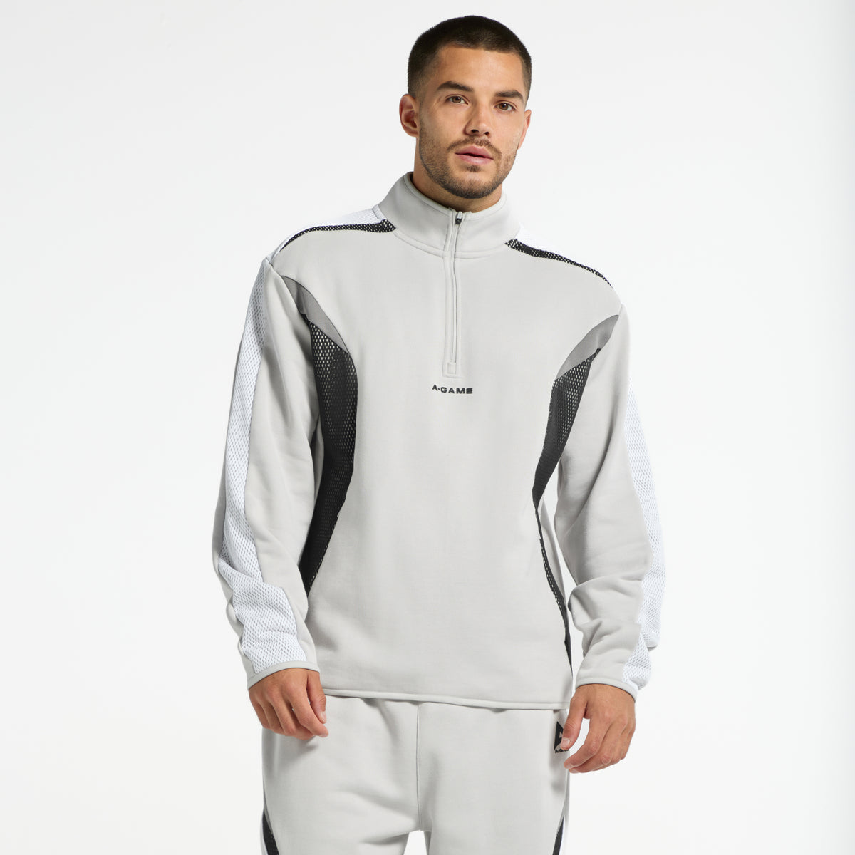 Men's Panelled Mesh Sport Half Zip - Grey / Black