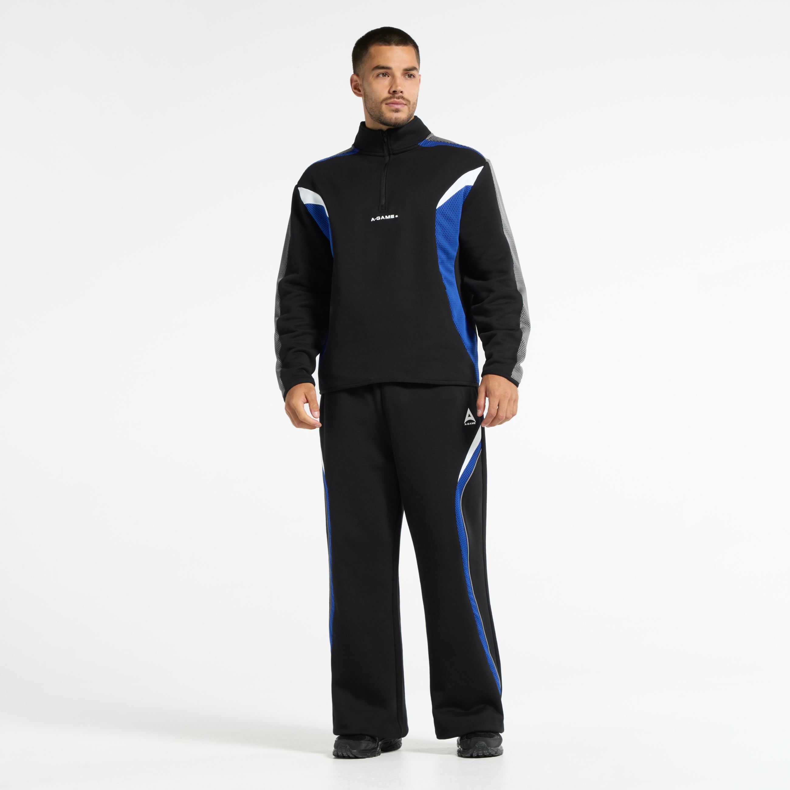 Men's Mesh Panelled Straight Leg Sweat Pants - Black / Cobalt Blue