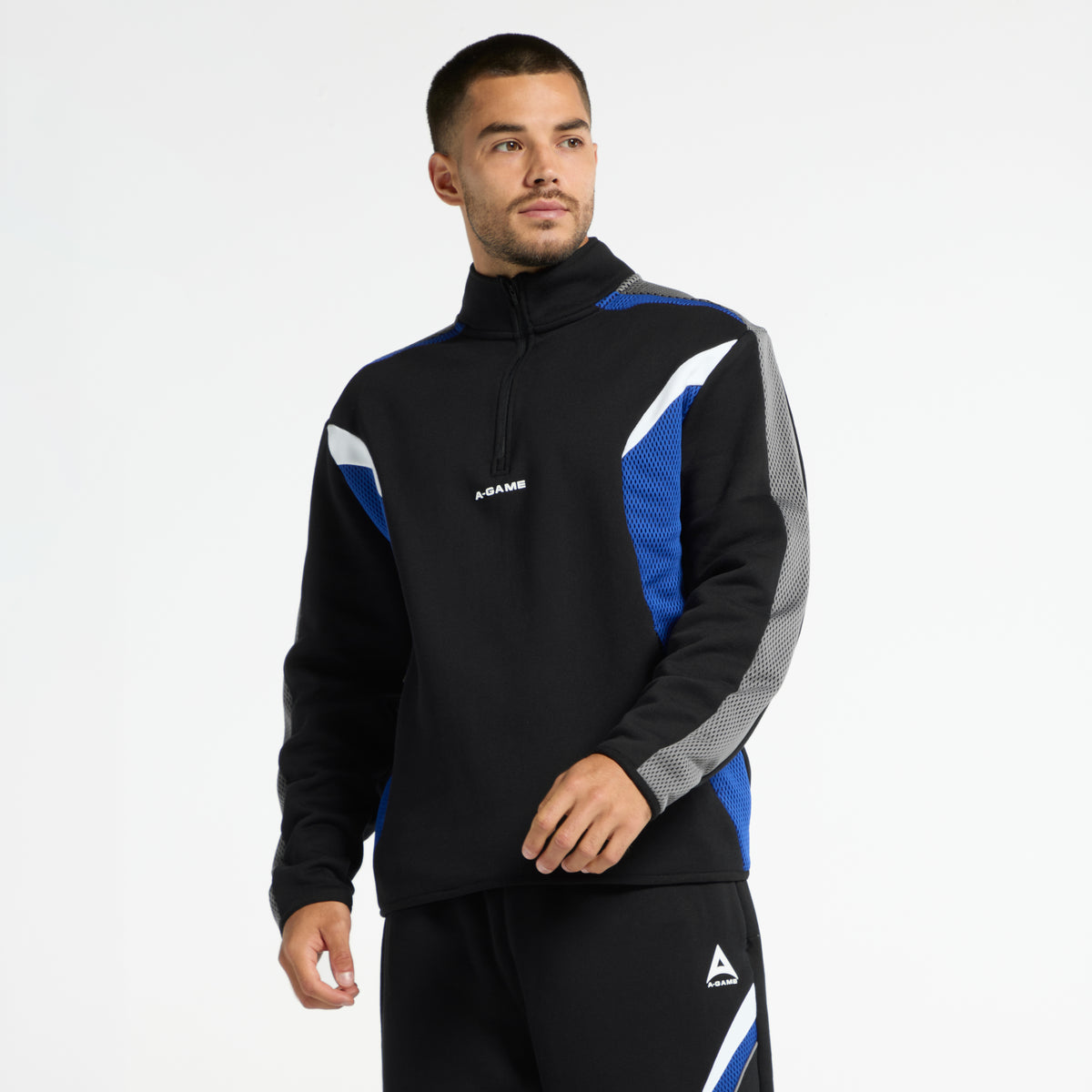 Men's Panelled Mesh Sport Half Zip - Black / Cobalt Blue