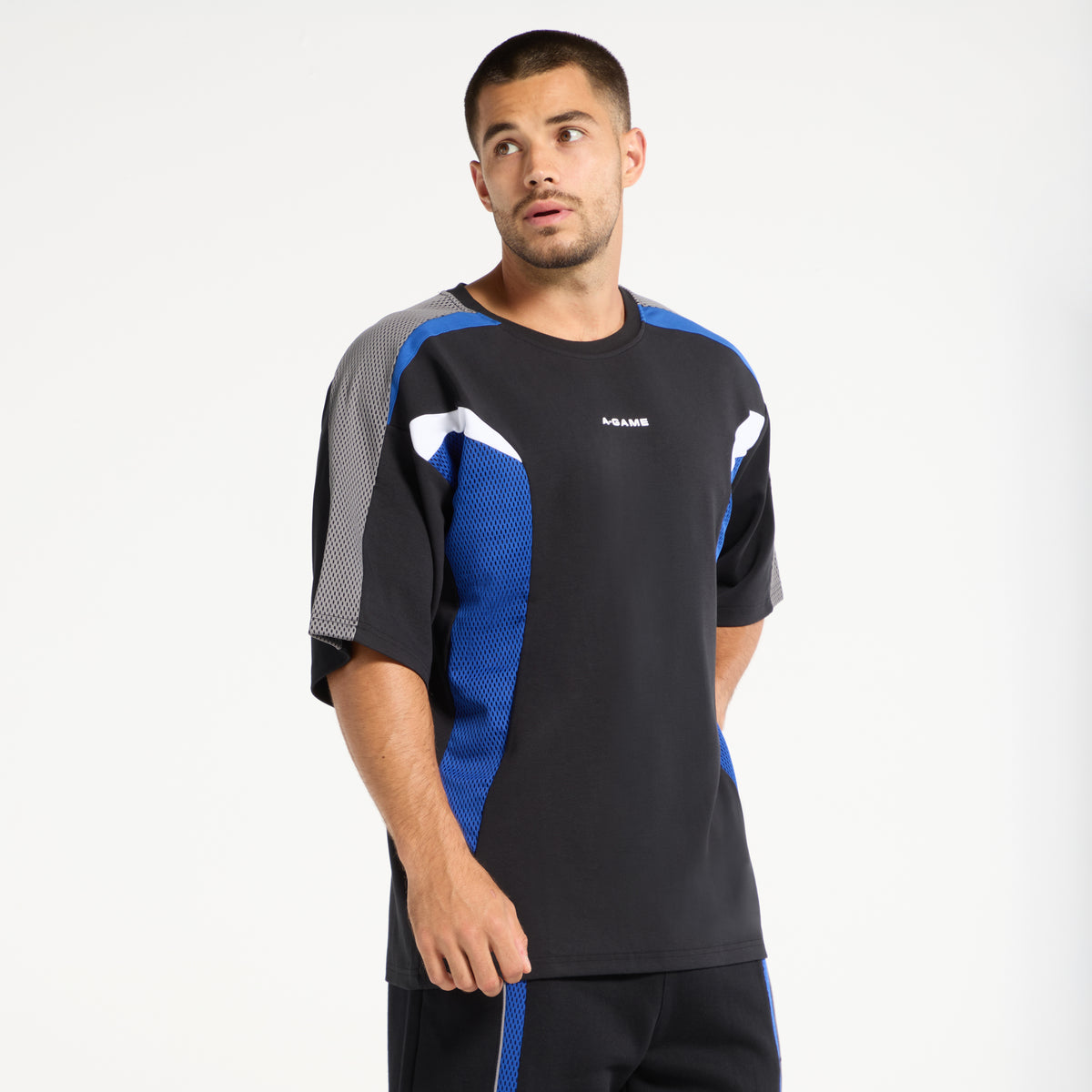 Men's Panelled Mesh Sport T-Shirt - Black / Cobalt Blue
