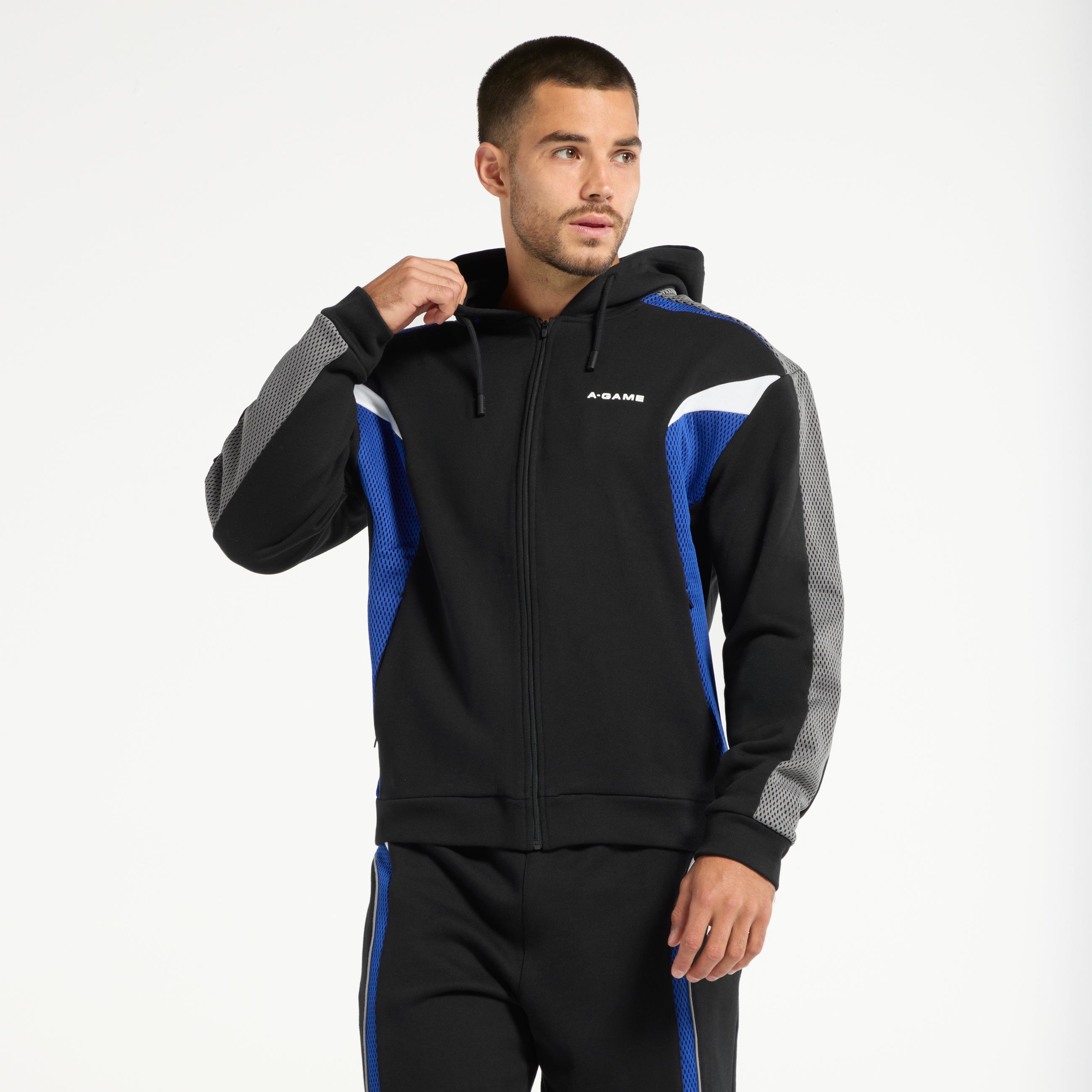 Men's Panelled Mesh Sport Zip Through Hoodie - Black / Cobalt Blue