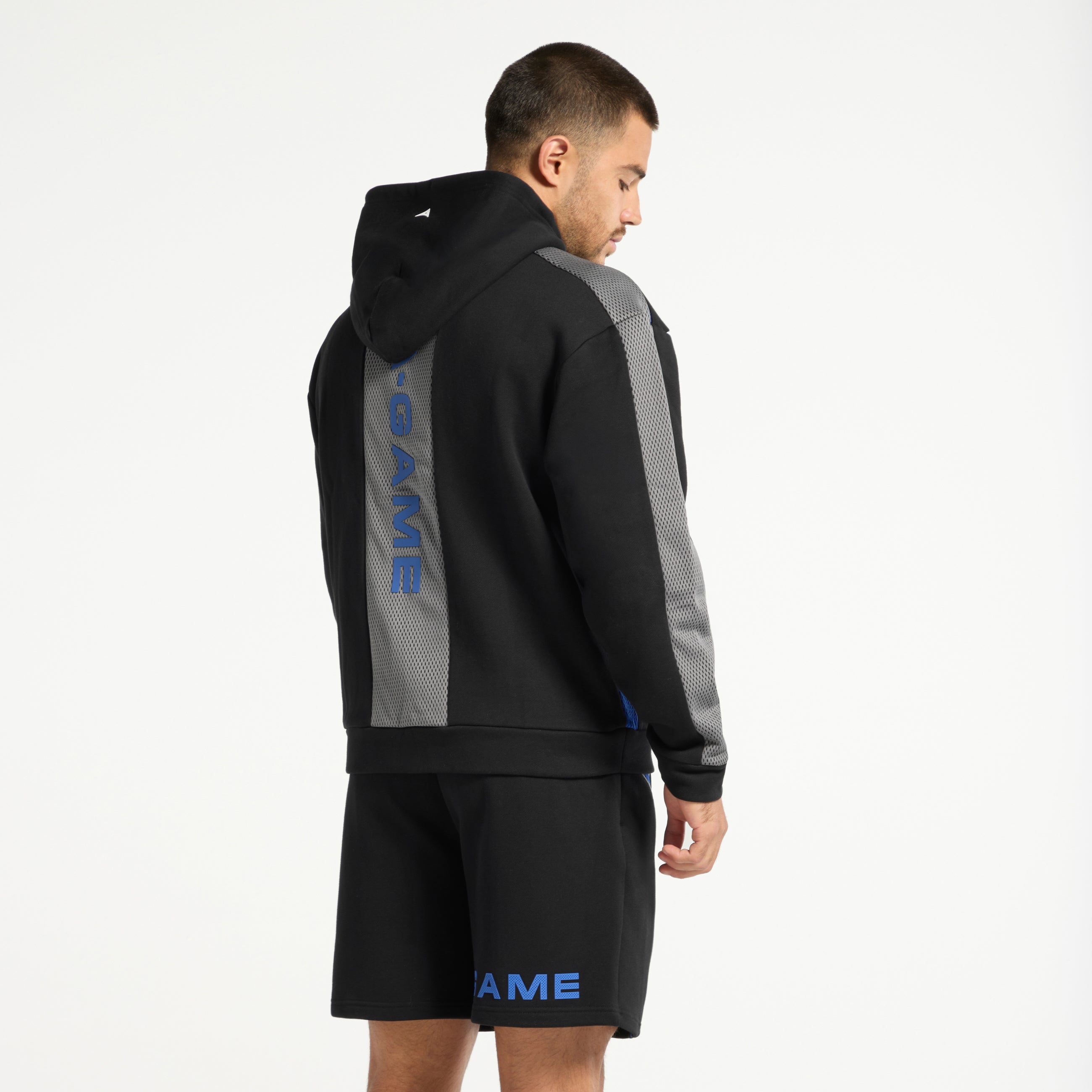 Men's Panelled Mesh Sport Zip Through Hoodie - Black / Cobalt Blue