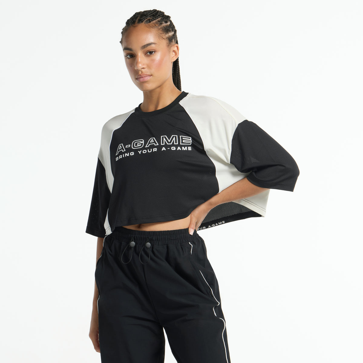Women's Cropped Mesh Panel T-Shirt - Black