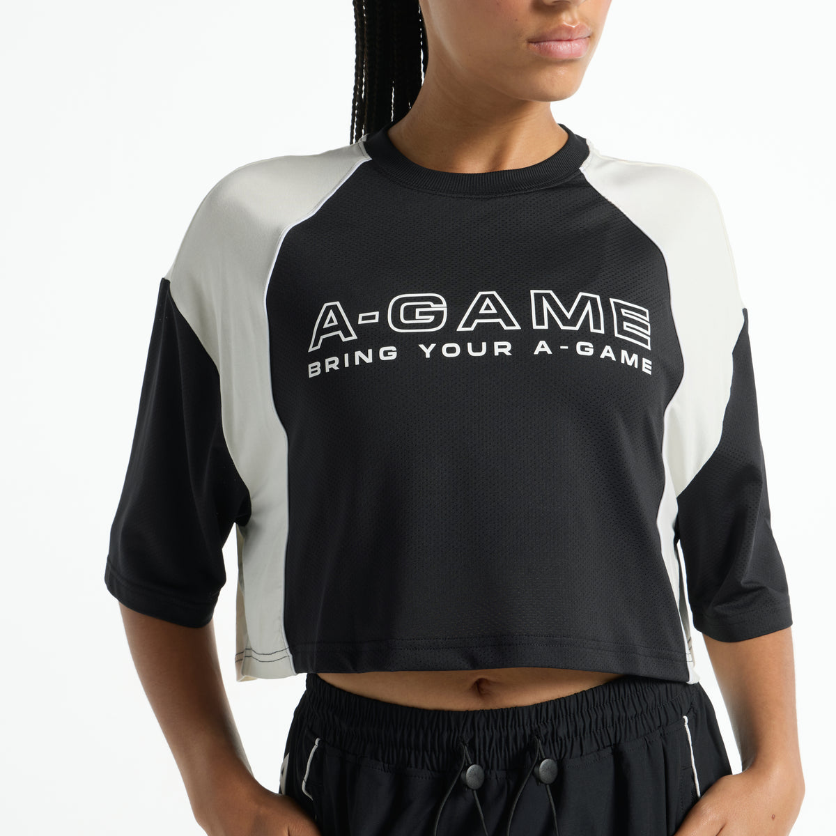 Women's Cropped Mesh Panel T-Shirt - Black